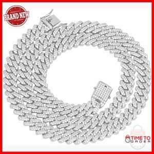 12mm 18K Gold Plated Cuban Link Chain Bracelet Necklace Prong Setting